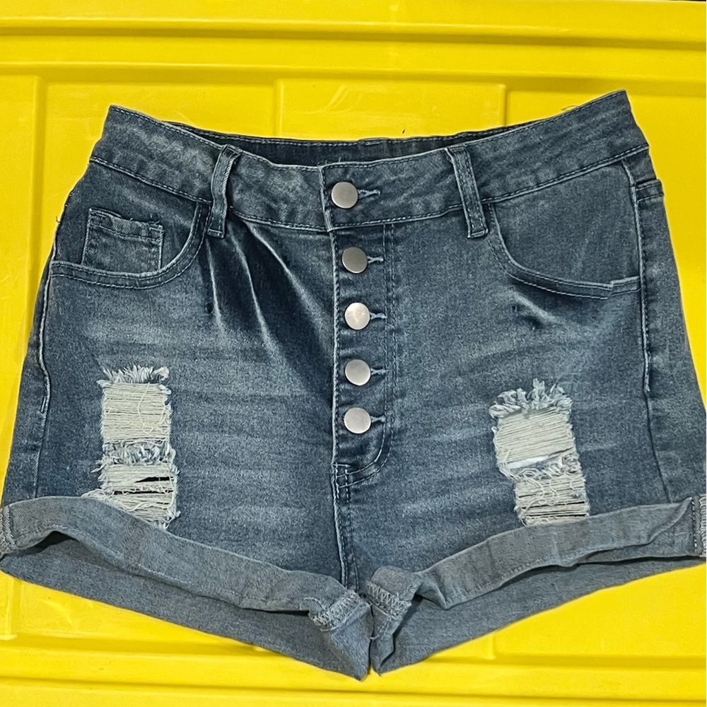 Stylish Denim Button Fly Cuffed Hem Shorts Stretchy Size M 8/10